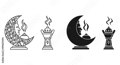 Islamic crescent moon and incense burner icons, black and white Ramadan mubarak vector set, traditional mabkhara and moon face illustrations