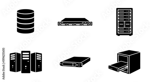 Data server icon set in black silhouette style, computer network hardware and database storage symbols, 6 vector elements for IT infrastructure
