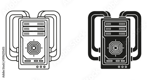 Cyberpunk server tower vector icons, futuristic computer hardware with cooling pipes, black and white sci-fi data center equipment illustrations