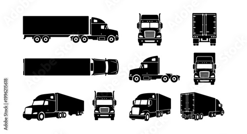 Semi truck vector icons set, heavy duty commercial vehicle silhouettes, logistics and freight transport trailer illustrations, black delivery truck symbols