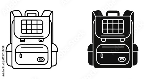Tactical backpack vector icons, military rucksack line and silhouette illustrations, outdoor hiking bag symbols for camping and travel gear