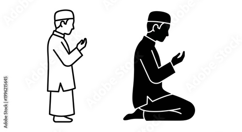Muslim man praying vector icons, Islamic prayer positions in line art and silhouette style, religious worship set for Ramadan and Eid designs