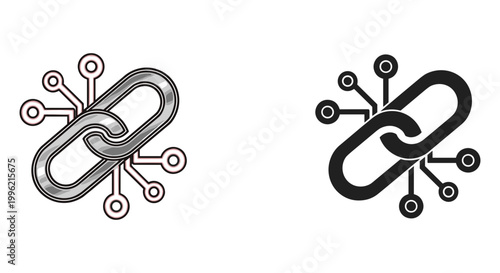 Blockchain technology link icons, digital chain connection symbols with circuit board nodes, secure data network vector elements for fintech