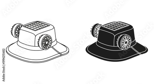 Solar powered fan hat vector illustration, cooling sun hat with integrated fans and solar panel, black and white line art headwear icons