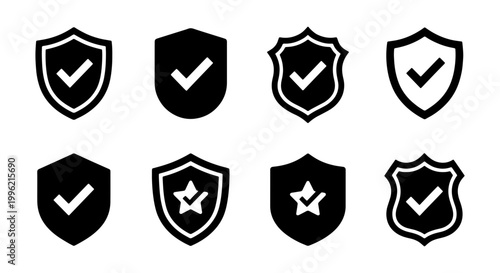 Security shield icons with checkmarks, set of 8 black vector protection symbols, verified safety and data privacy badges for web interface design
