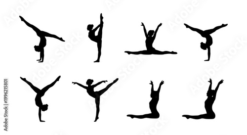 Gymnastics silhouettes collection, set of 8 female gymnast vector icons, athletic women performing handstands and splits, rhythmic gymnastics poses