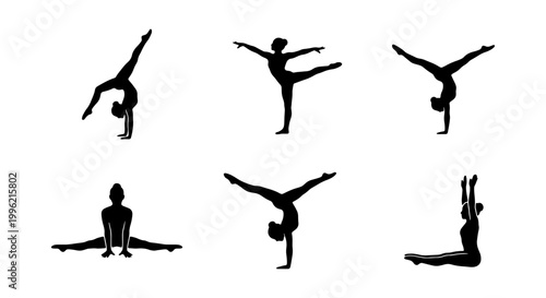 Gymnastics silhouette collection, set of 6 female gymnast vector icons, rhythmic gymnastics poses and acrobatic handstand figures for sports design