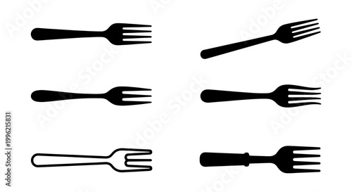 Minimalist fork silhouette icons, black kitchen cutlery vector set, 6 dining utensil symbols for restaurant menu design and food branding