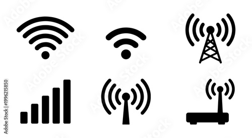 Wireless wifi signal icon set, 6 black vector symbols for internet connection, network antenna and router communication signs on white background