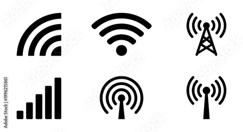 Minimalist wireless signal icon set, black wifi and cellular data symbols, 6 vector communication icons for web and mobile interface design