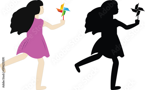 A fashion illustration of a beautiful girl with a spinning wheel silhouette and flowing hair, featuring a pink vector drawing of a dancer in a dress