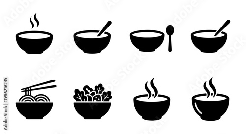 Minimalist soup bowl icon set, black silhouette food bowl vectors, collection of 8 hot meal symbols with noodles and salad for restaurant menus
