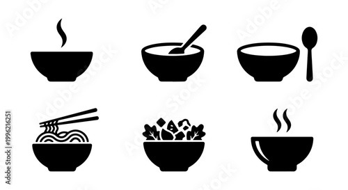 Minimalist soup bowl icon set, black silhouette food bowls with steam and spoon, 6 vector elements for restaurant menu and kitchen branding