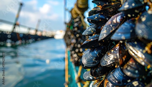 Close-up of a cluster of mussels attached to a dock pilings with the ocean in the background.