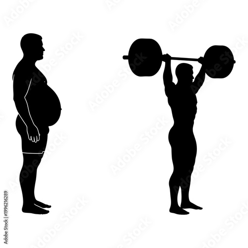 overweight man, fit woman, weightlifting silhouettes, healthy lifestyle icons, black