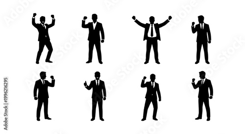 Successful businessman silhouettes set, 8 black vector icons of winning male professionals in suits, corporate achievement and leadership concepts