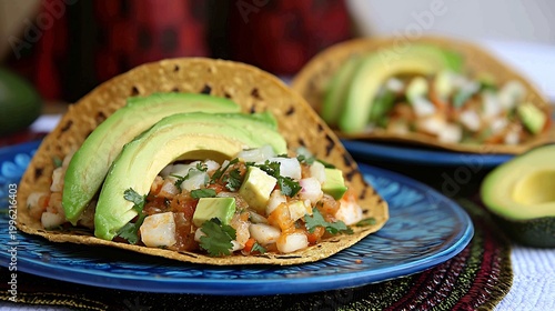 Spicy Ceviche Tostadas with Avocado and Herbs, Artistic Food Presentation on a Colorful Table Setting