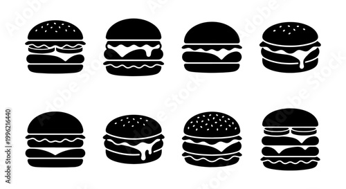 Minimalist burger icon set, black silhouette hamburger vector collection, 8 fast food cheeseburger symbols for restaurant menus and digital apps