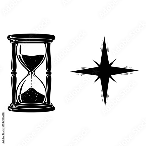 Black hourglass, compass icons, vector symbols, time navigation