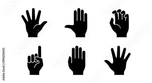 Black hand silhouette icons set, human hand gestures and palm symbols, collection of 6 vector hand signs for communication and interface design