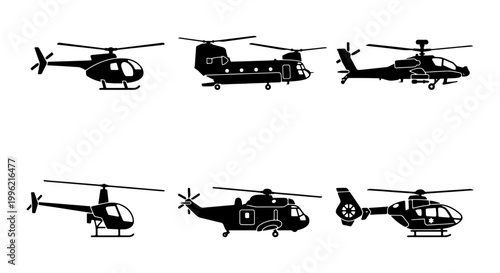 Black helicopter silhouette icons set, 6 military and civilian aircraft vector illustrations, transport and aviation chopper symbols for infographics