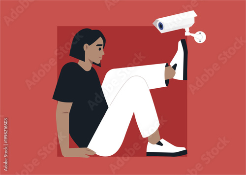 Character sits on the ground in casual attire, feeling the weight of being observed by a CCTV camera overhead, This scene captures the tension of privacy loss in a contemporary world.