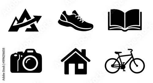 Minimalist lifestyle icon set, black flat vector symbols of hobby and activity elements, 6 simple graphic signs for web design and navigation