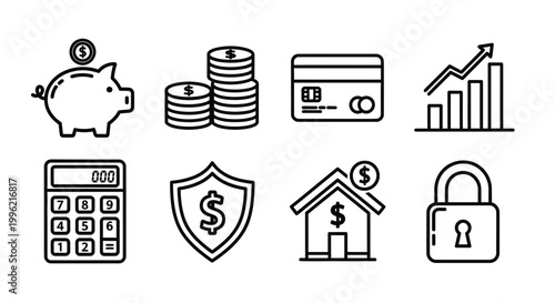 Piggy bank coins house money bag wallet icons set Vector