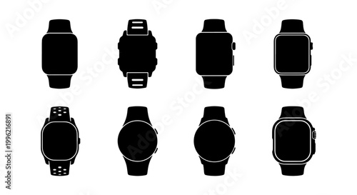 Smartwatch silhouette icons set, minimalist digital watch vector collection, wearable technology device symbols, black electronic wrist watch graphics