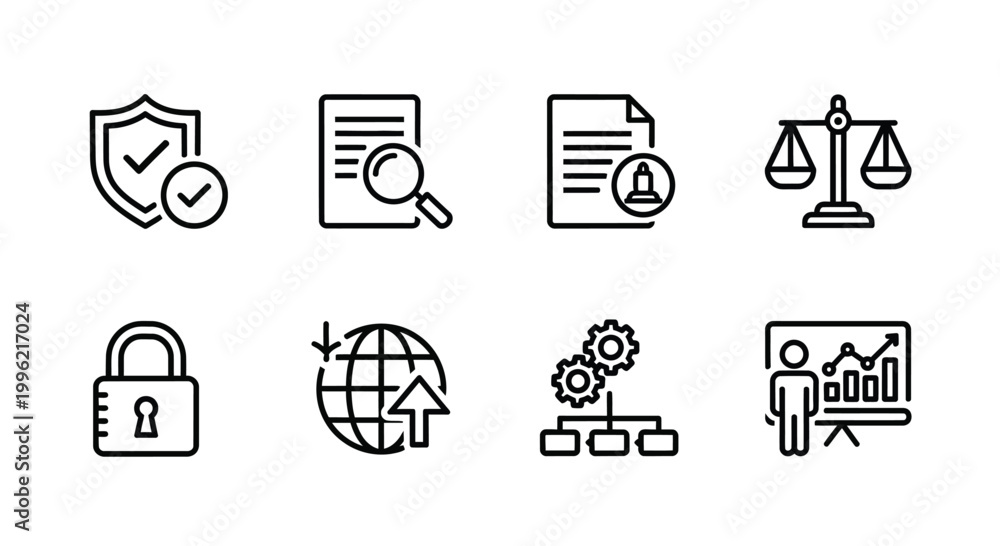 Fototapeta premium Vector icons of balance scale and law symbols Vector