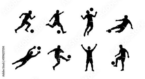 Soccer player silhouettes set, 8 football athlete vector icons in action poses, black sport figures kicking and heading ball on white background