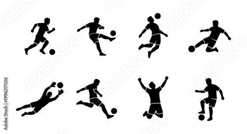 Soccer player silhouettes set of 8 vector icons, football athletes in action poses, black sport figures kicking and heading ball, goalkeeper and striker graphics