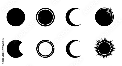 Celestial moon phases and solar eclipse vector icons, black lunar cycle silhouettes, mystical sun and crescent moon symbols for astrology branding