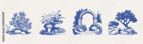 Blue garden plants stone arch pots and tree sketches. Illustrations for wallpaper and textile design in crayon drawn pencil style with fine textured lines and soft shading details.