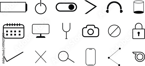 Modern technology interface device and media line icon set with keyboard camera phone security vector collection