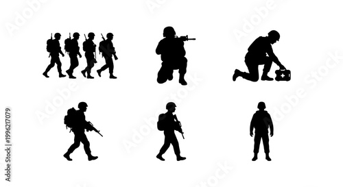 Military soldier silhouettes set, army infantry personnel in combat poses, black tactical warrior icons, 6 vector elements for war and defense design