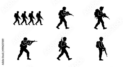 Military soldier silhouettes set, army infantry troops with rifles and gear, black vector icons of special forces in combat poses