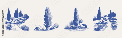 Blue cypress trees and winding path landscape sketches. Illustrations for wallpaper and fabric design, in crayon drawn pencil style with crisp textured lines and gentle shading strokes.