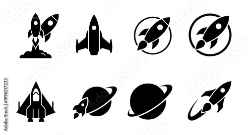 Rocket ship icon set, black space shuttle vector collection, minimalist spacecraft and planet symbols, 8 startup launch graphic elements
