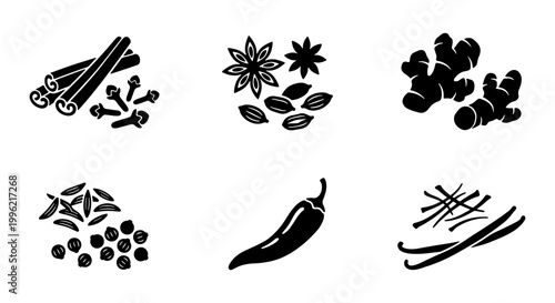 Aromatic spice icons set with cinnamon, star anise, ginger and chili pepper. Culinary herb vector collection. Black silhouette food seasoning elements.