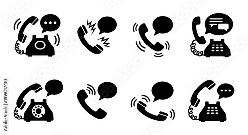 Vintage telephone icon set with 8 black vector elements, retro rotary phone and handset symbols, customer service communication icons for support