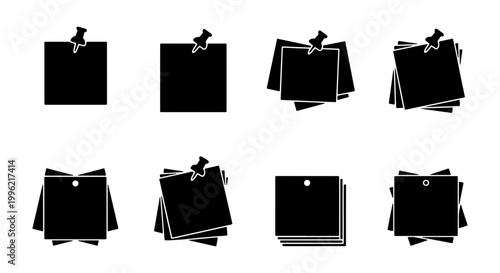 Black sticky note silhouettes with push pins, office memo paper icons set, 8 square reminder note vector elements for business planning
