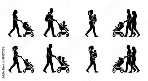 Family silhouettes with baby stroller vector set, parents walking with infant in pram icons, mother and father with newborn silhouettes on white