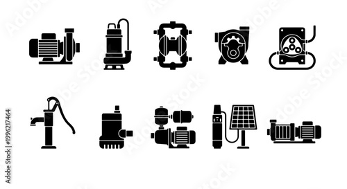Industrial water pump icons set, professional plumbing and irrigation equipment symbols, 10 black vector silhouettes for engineering and agriculture