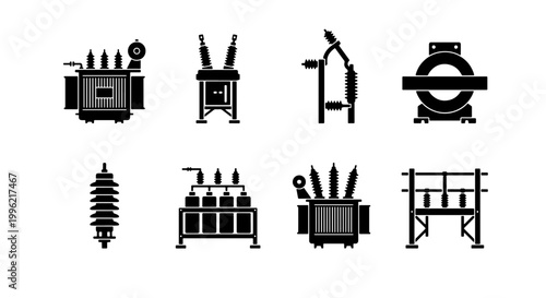 Industrial electrical transformer icons set, high voltage substation equipment silhouettes, power grid infrastructure vector elements for engineering