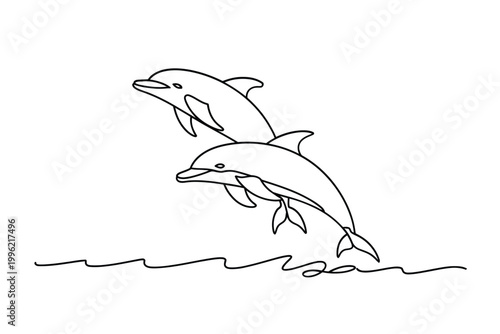 dolphins jumping line drawing on white background