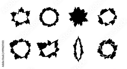 Torn paper hole vector set, black ripped paper edges collection, 8 grunge paper cutouts with ragged borders for reveal effects and frames