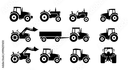 Agricultural tractor silhouette set, 11 farm vehicle icons and machinery vectors, black heavy equipment for farming and harvesting logistics