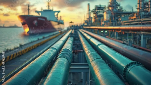 Cargo ship docks at industrial port while pipelines extend across the foreground during sunset hours over a busy harbor