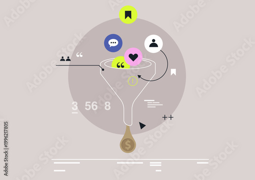This depiction showcases the sales funnel concept, highlighting stages such as awareness, interest, and conversion with engaging visuals.